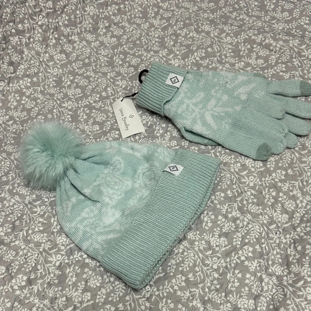 Vera Bradley Light Aqua Pom Beanie & Glove Set